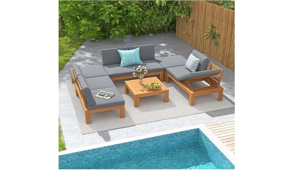  SUNSITT 6 Piece Acacia Wood Patio Furniture Outdoor Sectional Sofa Set with Adjustable Armrest, FSC Certified L-Shaped Patio Set w/2-in-1 Coffee Table, Grey