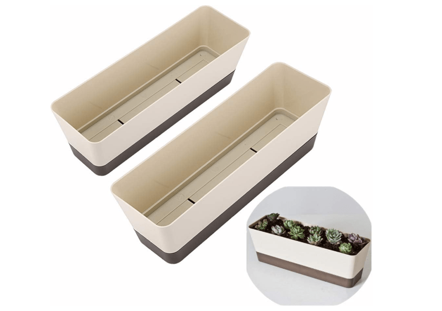  Skelang 2 Pcs Rectangular Plant Pot, 12" Watering Plant Container with Drainage Hole, Window Planter Box with Saucer for Succulents, Flowers