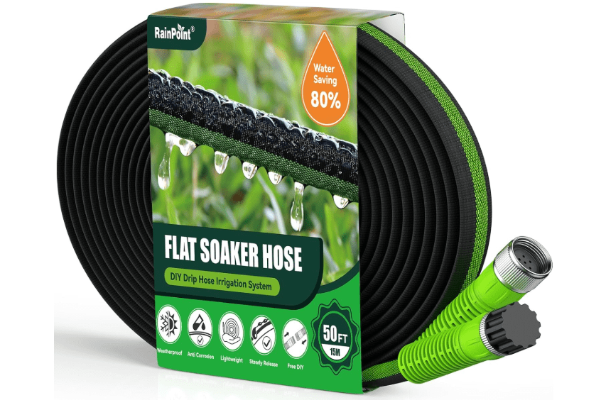 
RAINPOINT Flat Soaker Hose 50ft, 80% Water-Saving Drip Irrigation Hose for Garden, Leakproof and Flexible with Anodized Aluminum Ends, Double Layer Soakin