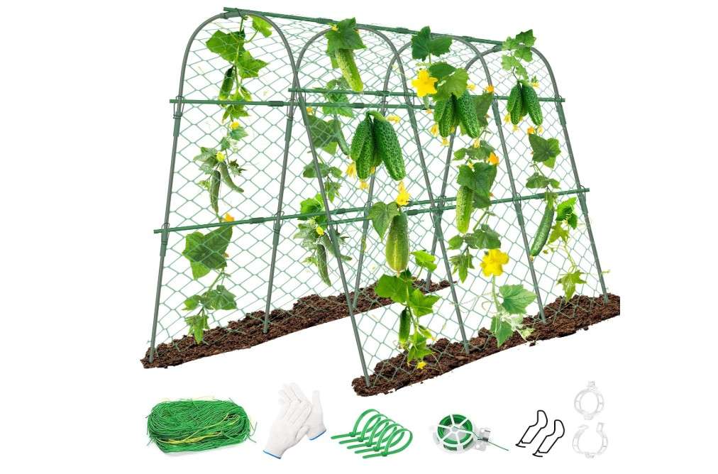 Doksving 63" L x 48" H Cucumber Trellis for Garden,U-Shape Garden Arch Plant Support with Climbing Net, Vegetable Squash CucumbeTrellis for Climbing