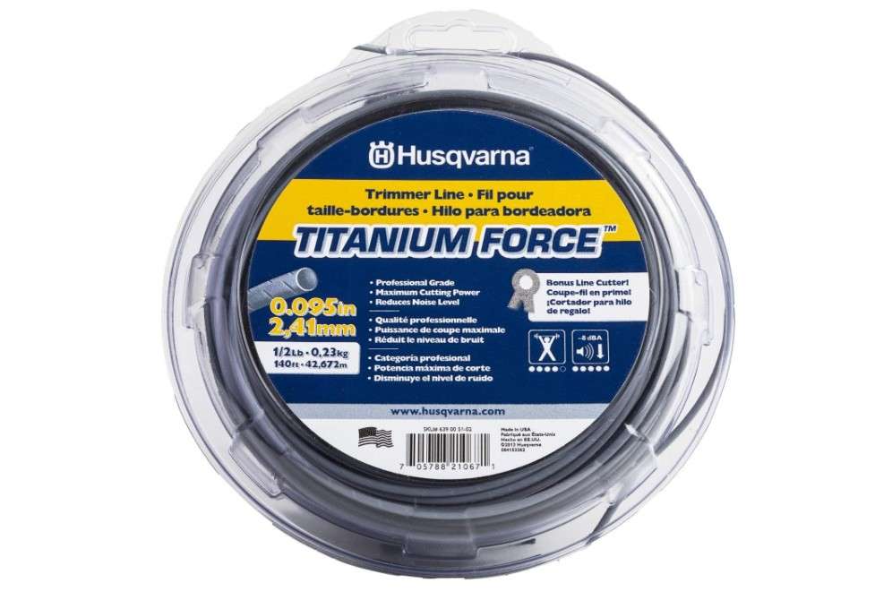  Husqvarna Titanium Force 0.095-Inch, 140-Foot Spooled String Trimmer Line, Professional Grade Copolymer Weed Eater Line with Cutter, 639005102