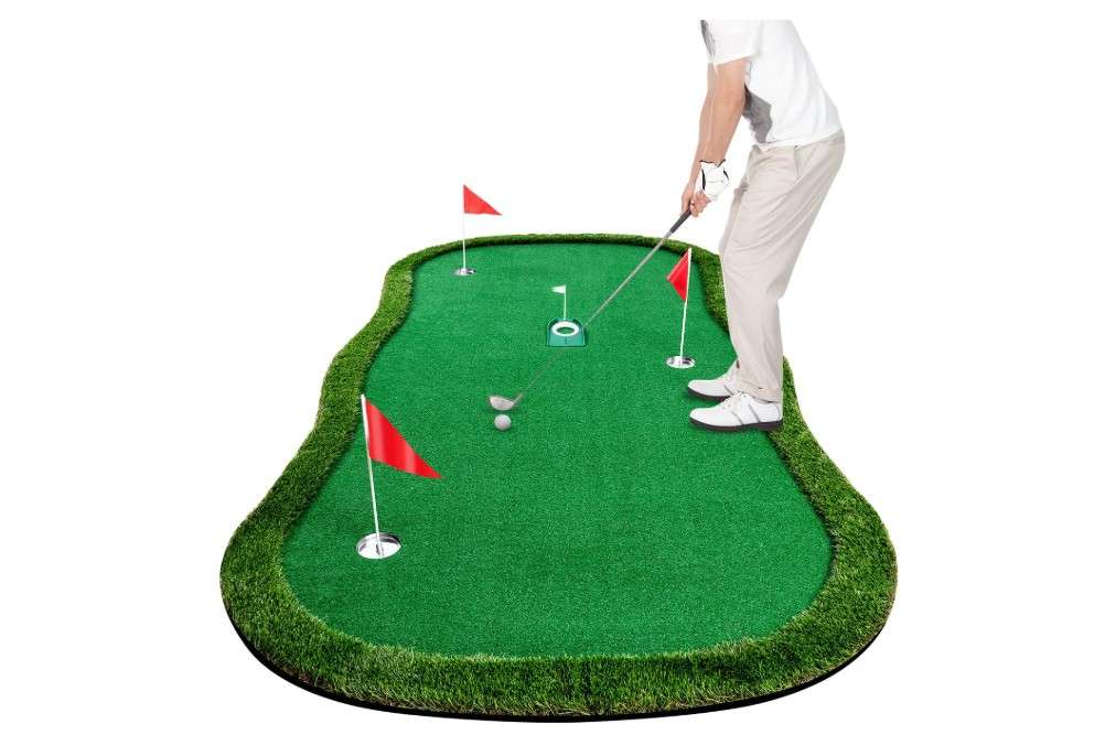  Golf Putting Green Indoor Outdoor Putting matt Professional Training Mat Practice Putting Mat with 3 Flags 1 Movable Cup 2 Slope Pad 5x10ft