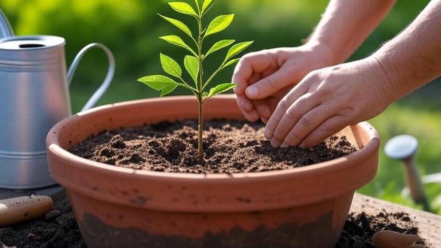 "Hands planting a curry leaf tree seedling in a pot with well-draining soil and gardening tools in a sunny garden." 