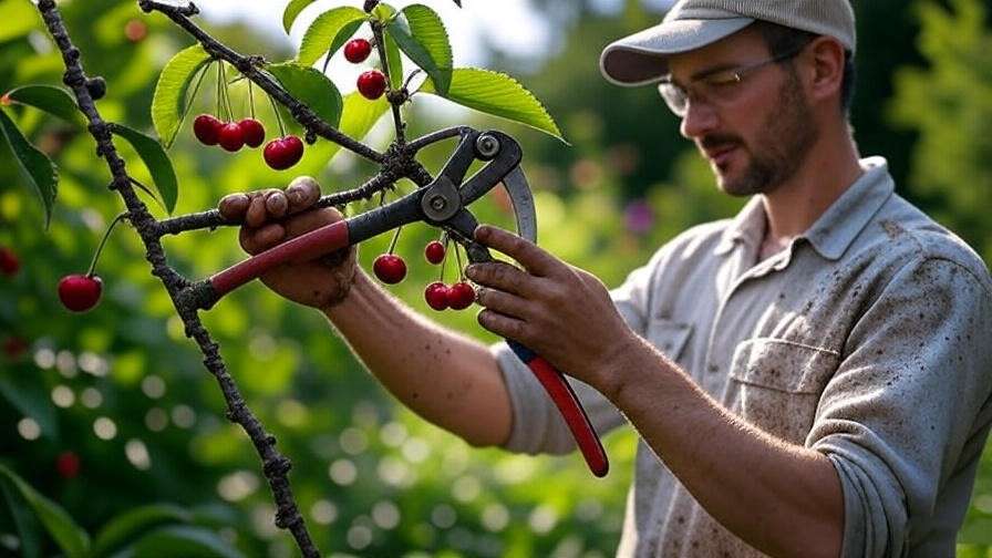 : "Gardener pruning cherry tree branch with bypass pruners at 45-degree angle." 