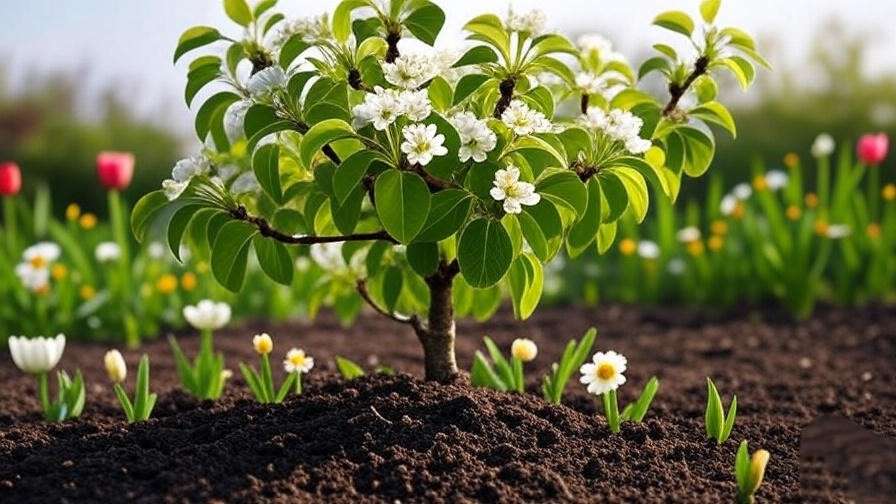 "Close-up of a dwarf pear tree with white blossoms and green leaves in a garden bed" 
