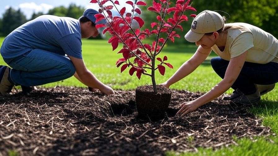  "Gardener planting a Canada Red Cherry Tree with mulch in a sunny garden."
