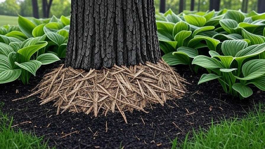 "Close-up of a tree trunk with correct mulch ring and hosta companion plants." 