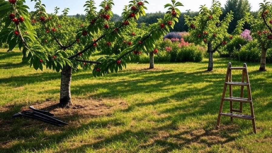 "Open-center pruned sour cherry trees in a healthy orchard with pruning tools." 