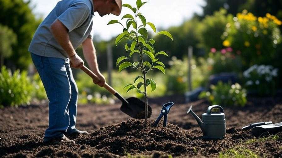 "Step-by-step planting of a dwarf pear tree with gardener and tools in a sunny garden" 