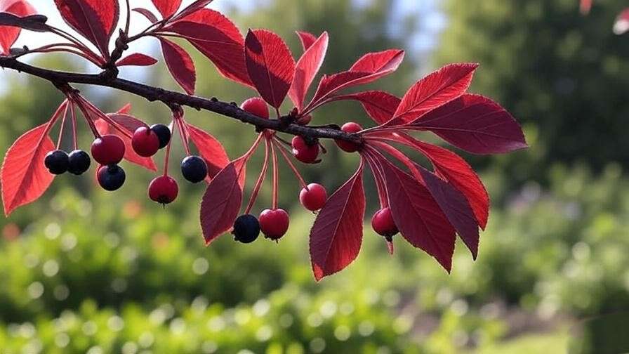  "Close-up of Canada Red Cherry Tree branch with purple-red leaves and berries."