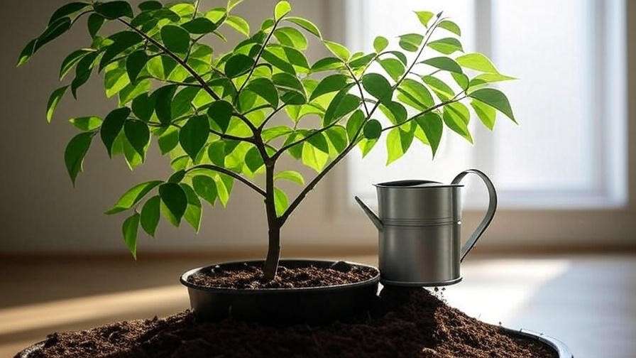 "Watering a healthy curry leaf tree with lush green leaves indoors near a bright window.
