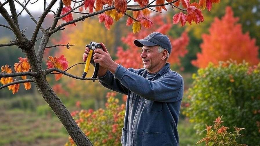 "Gardener pruning a tree with tools in a vibrant autumn trees landscape."