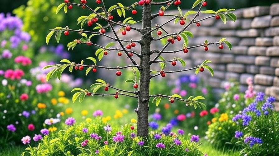 "Espalier-trained cherry tree with horizontal branches and ripe cherries." 