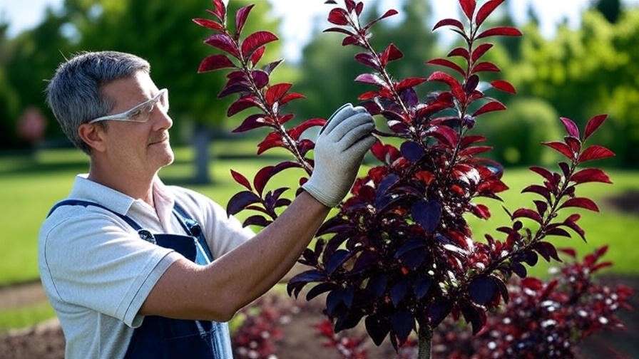  "Gardener pruning a Canada Red Cherry Tree with proper angled cuts." 
