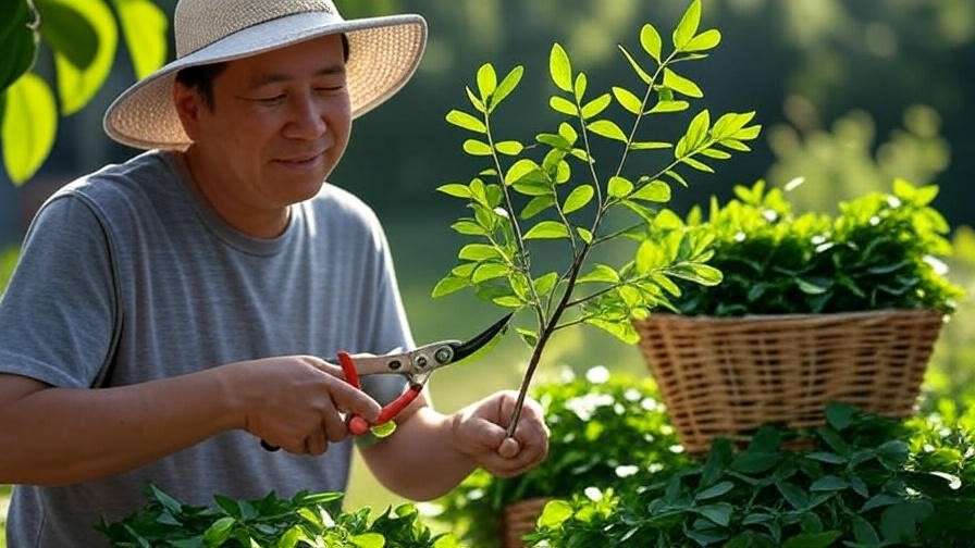  "Person pruning a curry leaf tree with shears and a basket of trimmed leaves in a sunny garden."