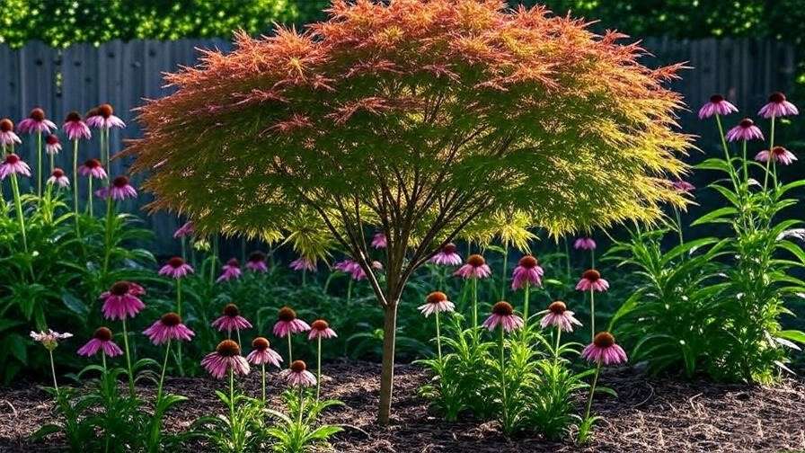 "Trees landscape with Japanese maple and coneflower companion plants in a mulched garden."