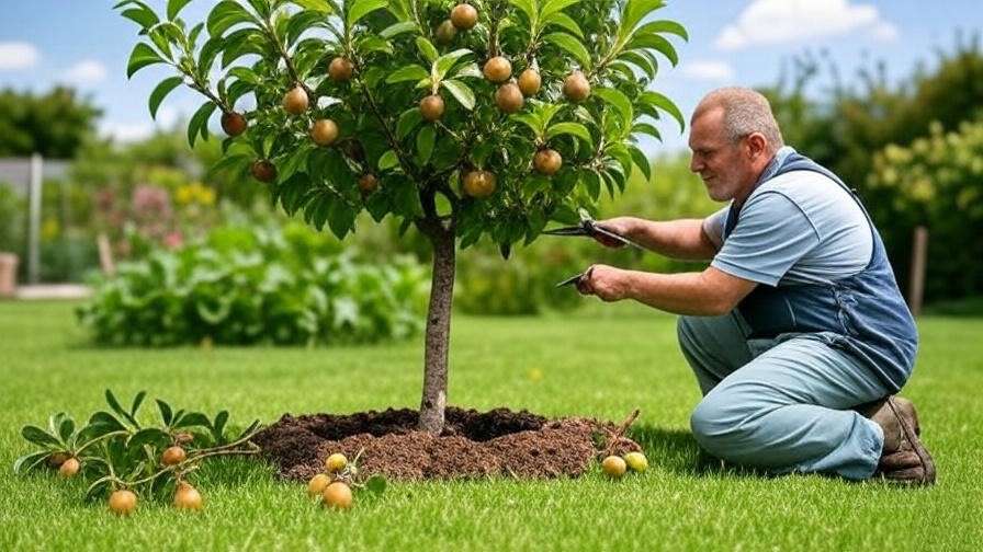 "Gardener pruning a dwarf pear tree with shears in a sunny garden"