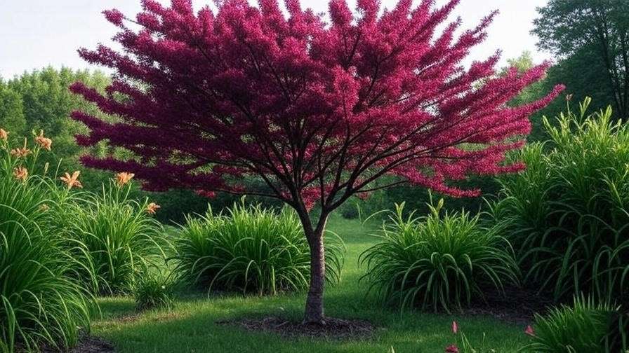 "Canada Red Cherry Tree with daylilies and boxwood in a lush garden." 