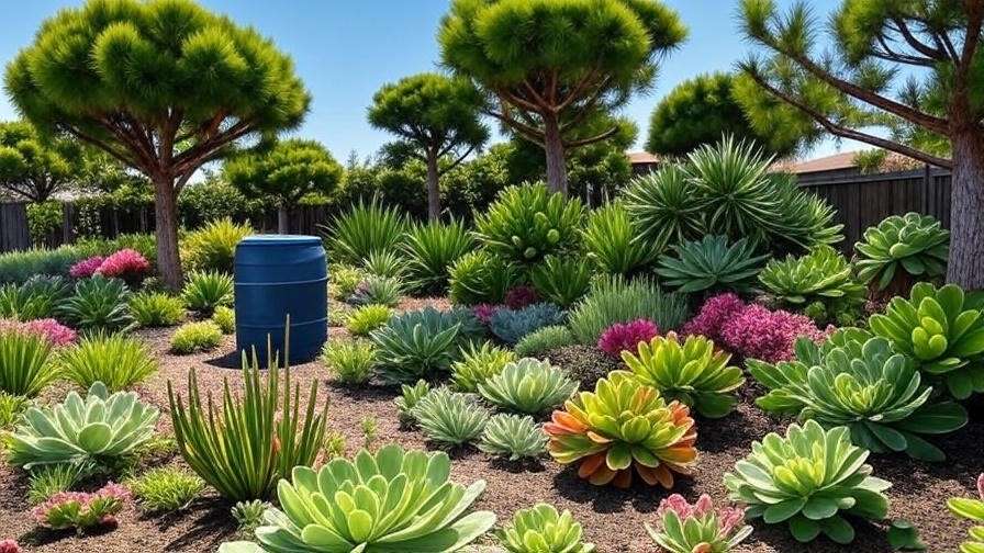 "Sustainable trees landscape with rainwater barrels and drought-tolerant pine trees." 