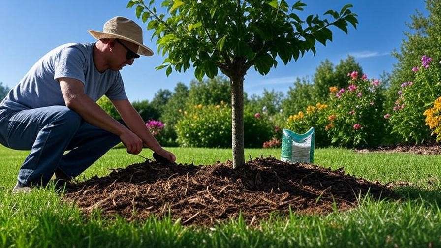  "Gardener mulching pruned cherry tree with fertilizer bag nearby." 