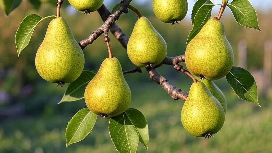 "Close-up of ripe pears on a dwarf pear tree branch in a garden" 