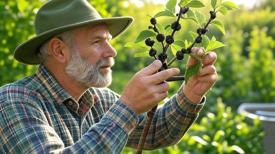 "Gardener inspecting Canada Red Cherry Tree for black knot disease." 