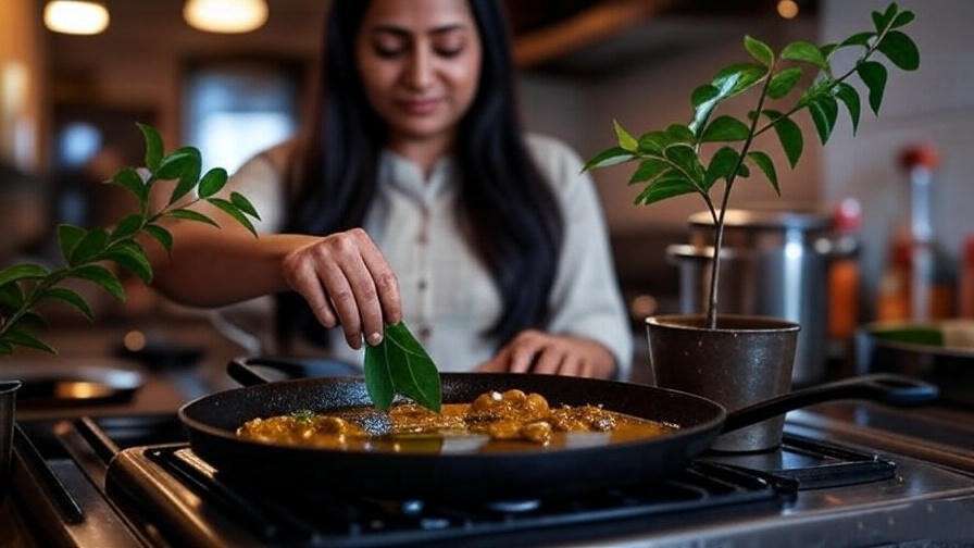 "Fresh curry leaves added to a sizzling pan for tadka with mustard seeds in the kitchen." 