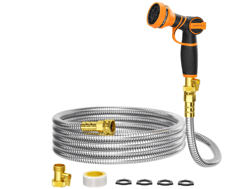 Girafe Tools Garden Hose 25ft x 5/8", 304 Stainless Steel Metal Water Hose, No Kink Garden Water Hose with 9 Pattern Spray Nozzle, Flexible, Lightweight