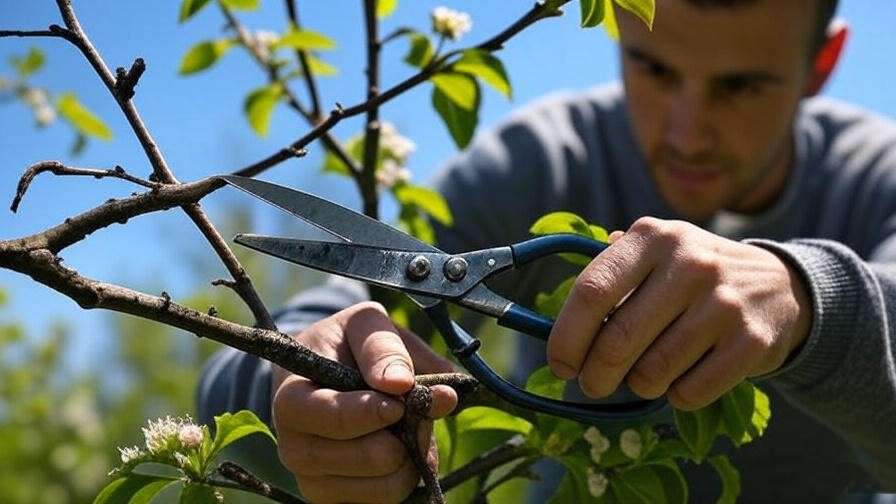 : "Close-up of pruning a spring tree with shears for optimal growth