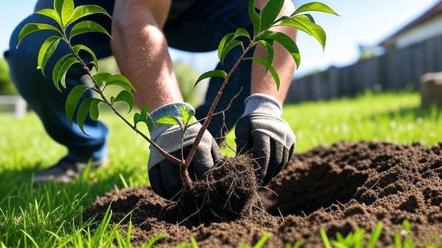  "Gardener planting a white peach tree with healthy roots and compost in a sunny backyard" 
