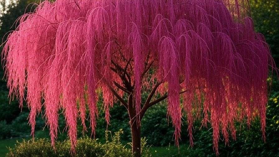 "Close-up of vibrant pink willow tree foliage in a lush garden with cascading branches."