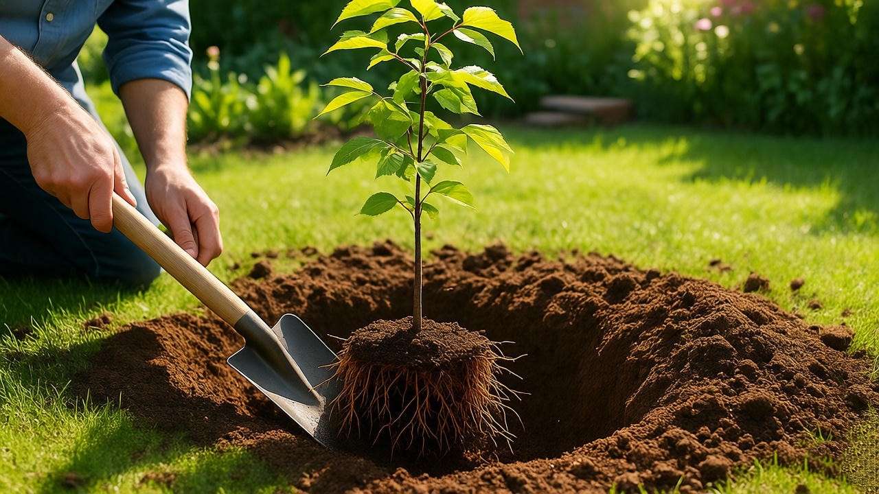"Person planting a young cherry wood tree with shovel and compost in a sunny garden"