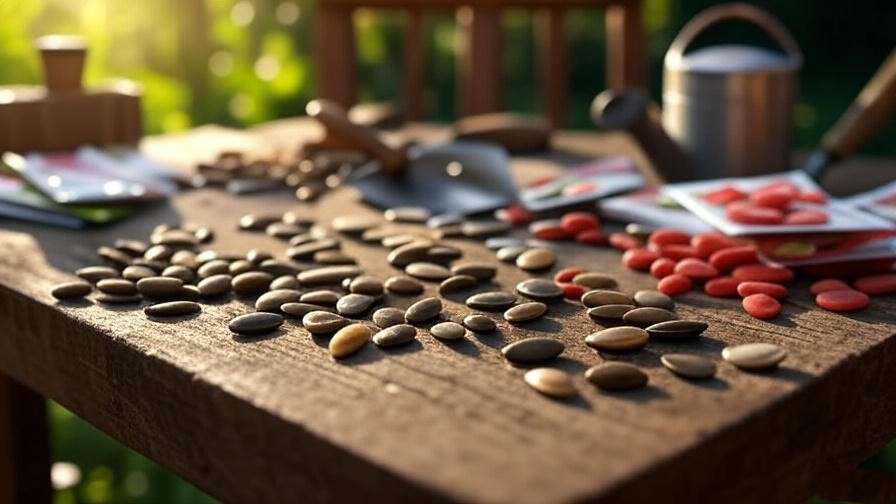 "Close-up of watermelon seeds and packets on a garden table with tools in the background".