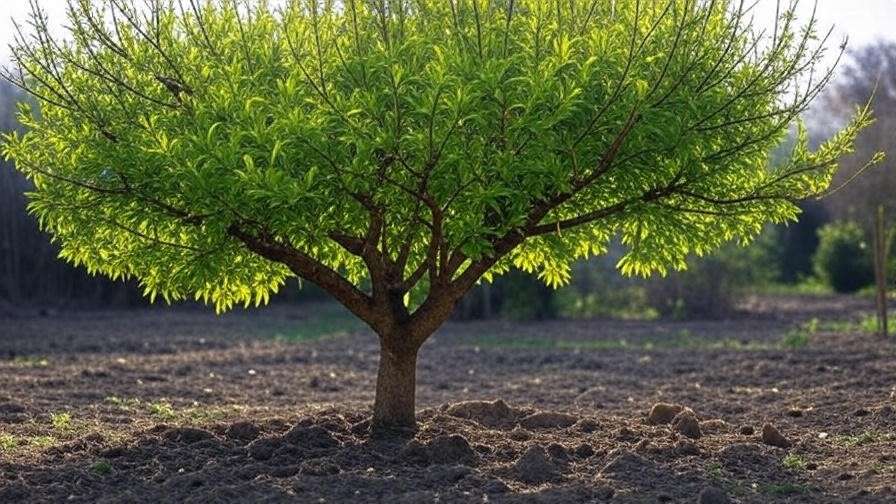  "Pruned white peach tree with open-center shape in a late winter garden" 