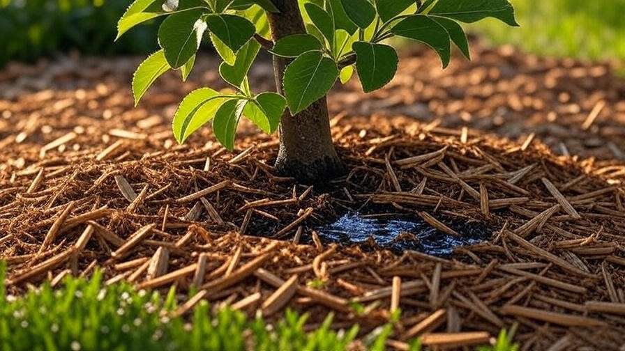 "Anna apple tree branch with soaker hose and wood chip mulch for efficient watering in a sunny garden."
