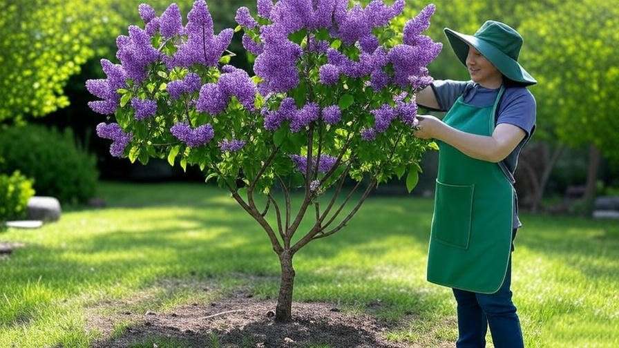 Pruning a blooming dwarf Korean lilac tree in a lush garden". 