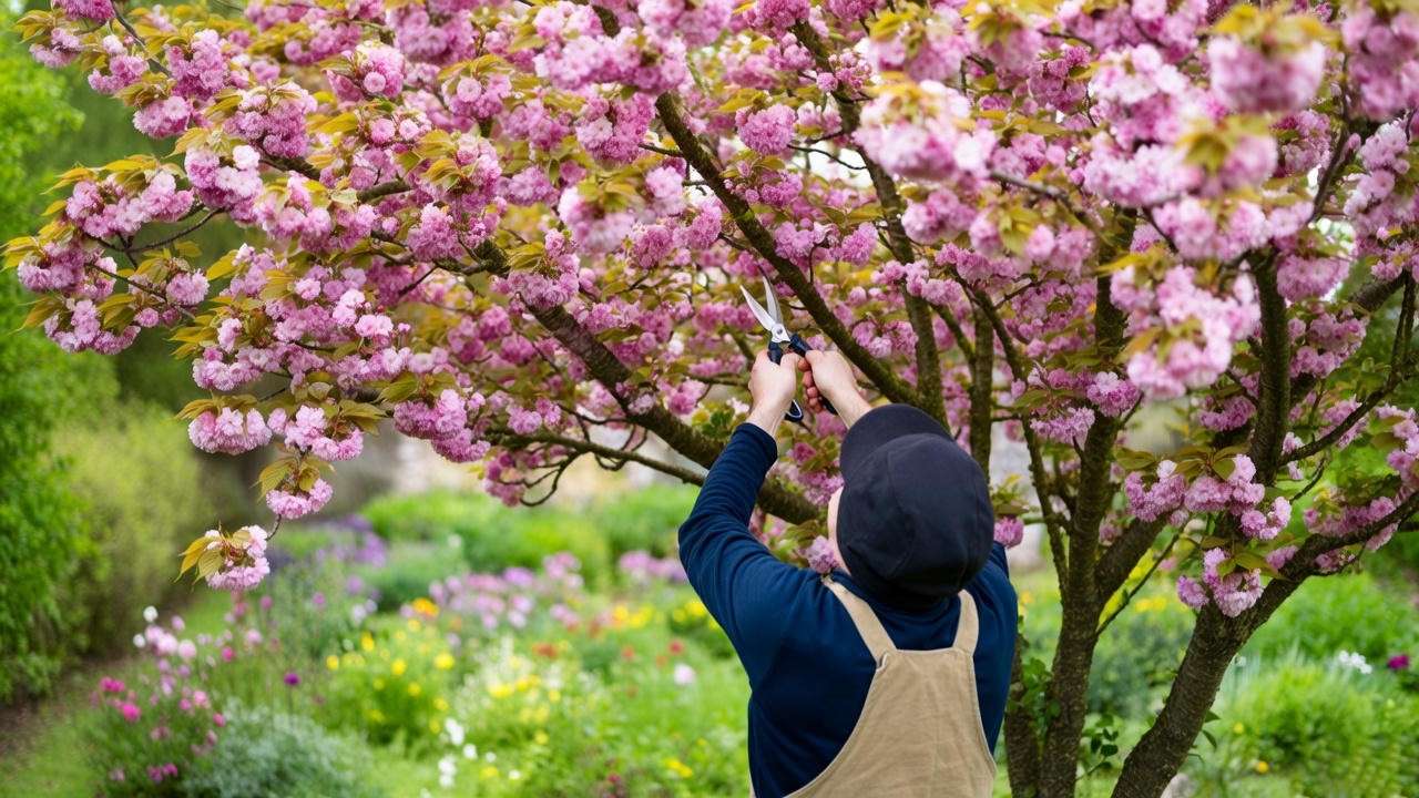 "Person pruning a cherry wood tree with shears, showcasing pink blossoms and green leaves". 