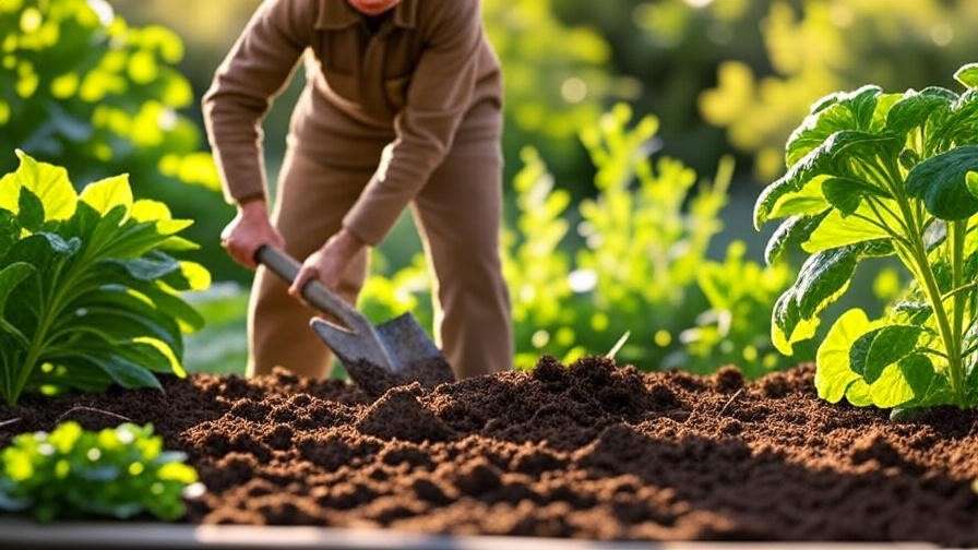 "Gardener preparing a garden bed with loamy soil and compost under sunlight"