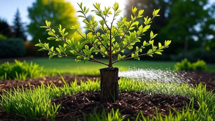 "Soaker hose watering a young spring tree with mulch" 