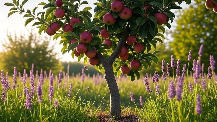  "Anna apple tree with ripe apples and pollinator tree with bees and lavender in a warm climate orchard." 