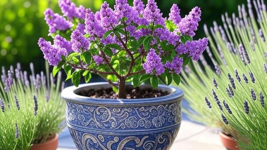 "Dwarf Korean lilac tree in a pot with lavender and a bee on a patio". 