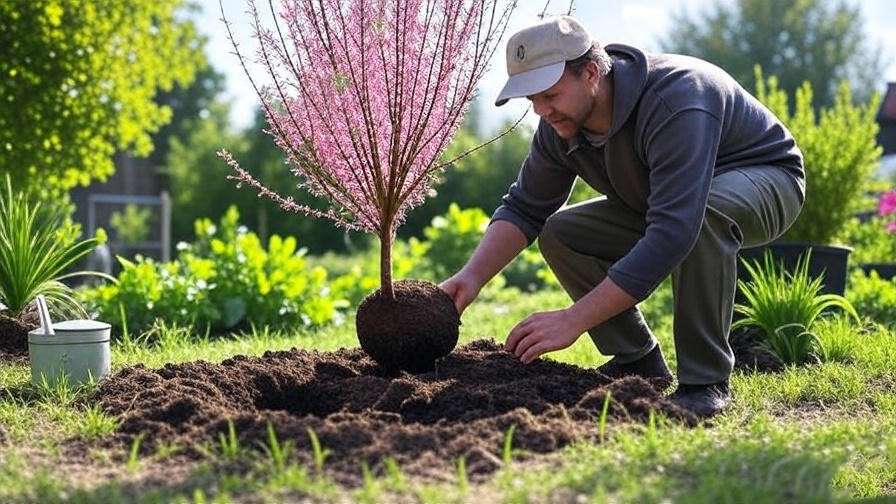  "Gardener planting a pink willow tree with tools and mulch in a garden." 