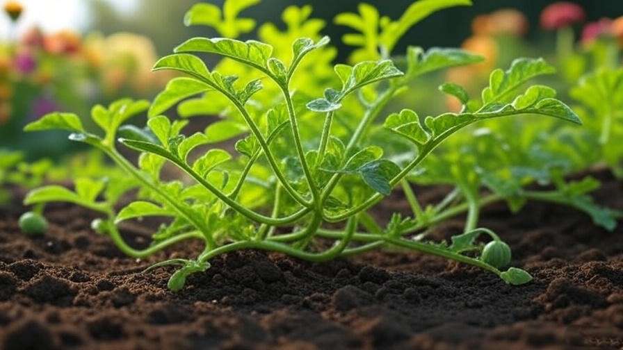 "Watermelon plant with drip irrigation system in a sunny garden". 