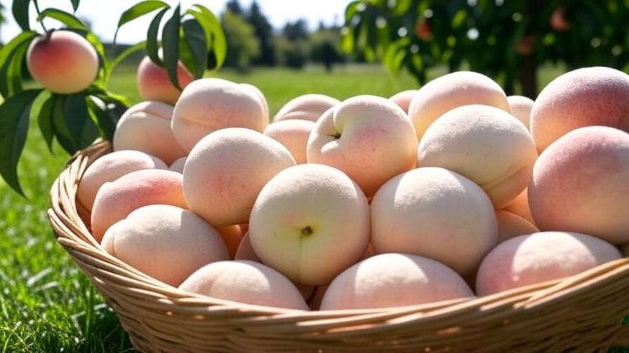  "Basket of harvested white peaches near a ripe white peach tree in a sunny orchard" 