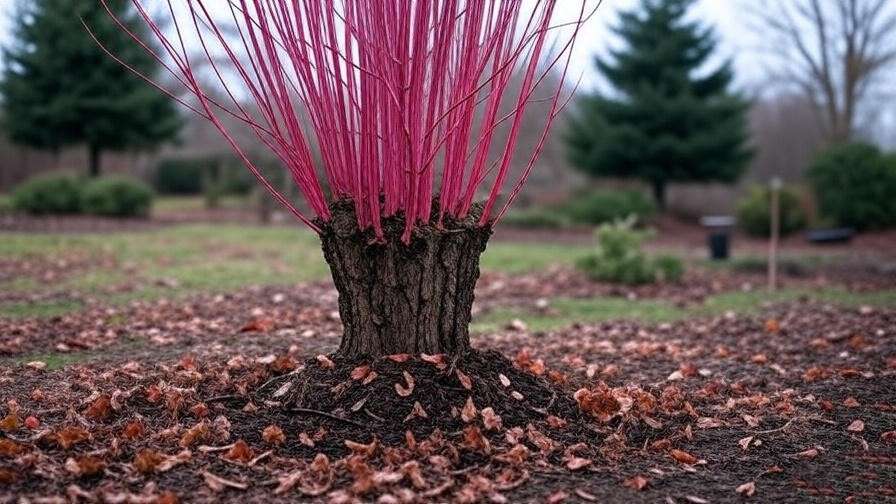 : "Pruning a pink willow tree with shears and mulched base." 
