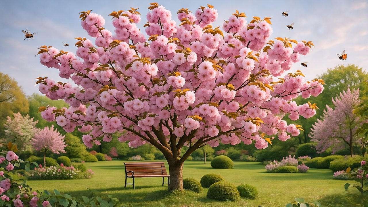 "Cherry wood tree in full bloom with pink flowers and pollinators in a garden". 