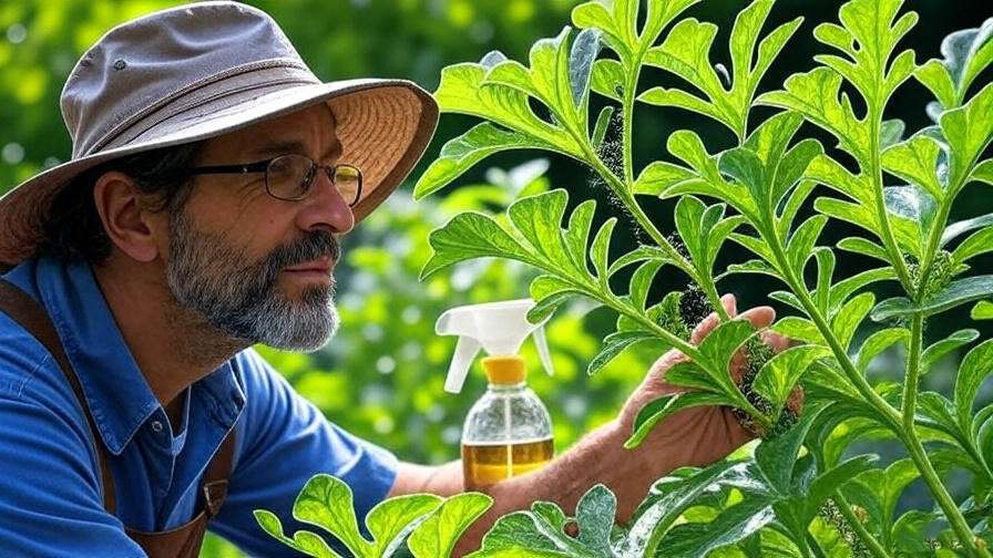 "Gardener inspecting watermelon plant for aphids with neem oil spray". 