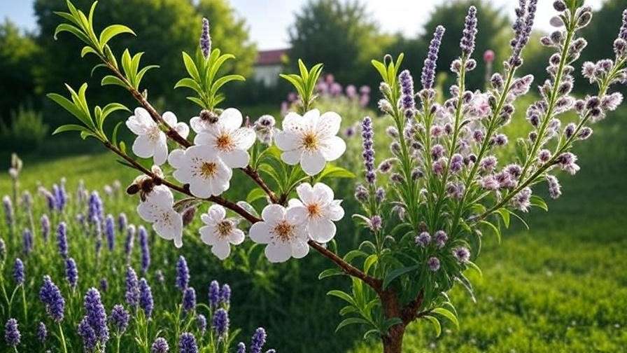 : "White peach tree with bees pollinating among lavender and borage flowers" 