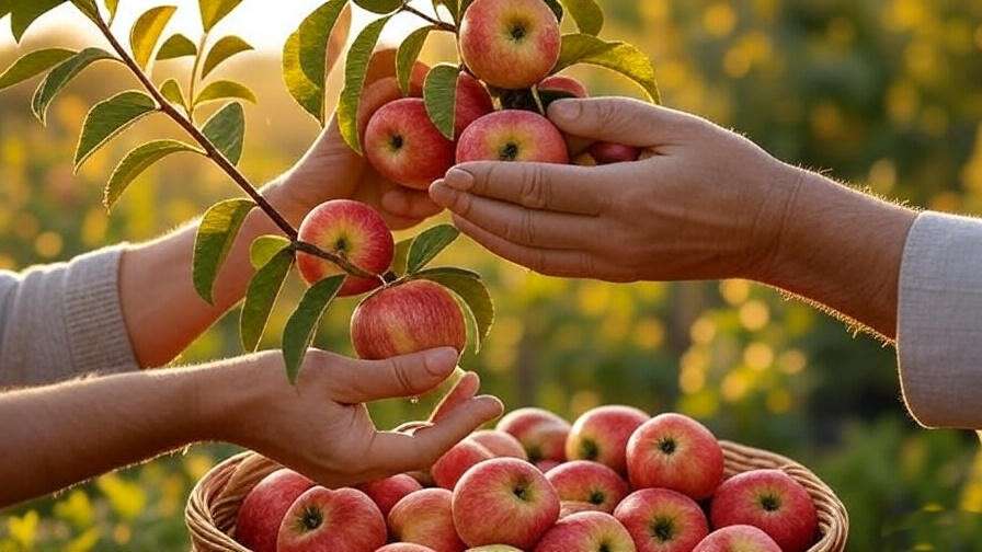  "Hands harvesting ripe Anna apples with gentle twisting technique in a warm climate garden."