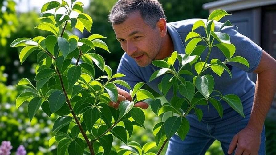 "Gardener checking dwarf Korean lilac tree leaves for powdery mildew". 